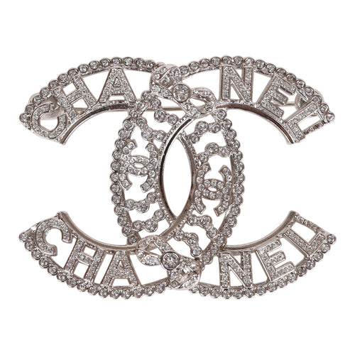 Chanel Crystal Bow CC Silver Brooch