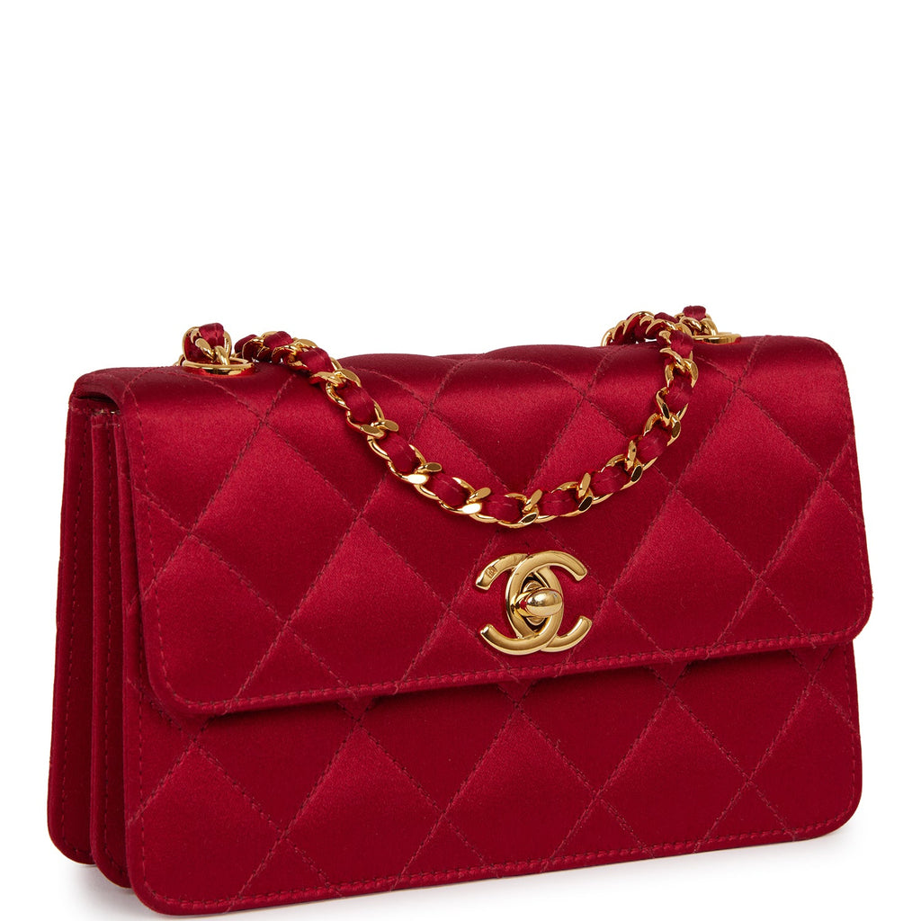 Vintage Chanel Mini Flap Bag Red Satin Gold Hardware