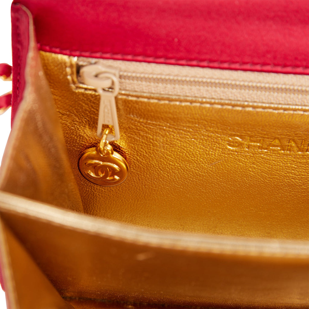 Vintage Chanel Mini Flap Bag Red Satin Gold Hardware