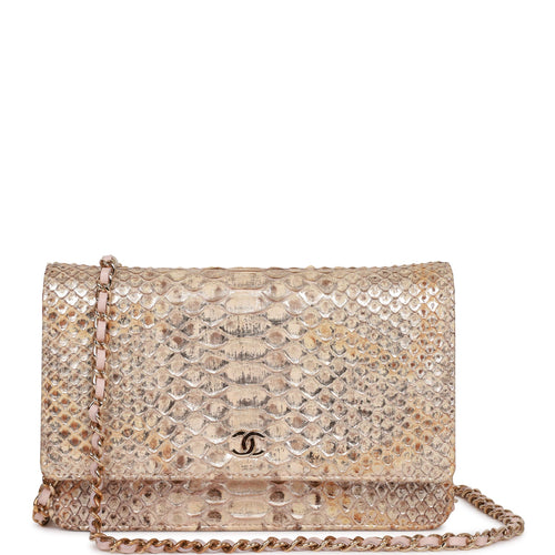 CHANEL Metallic Lambskin Quilted Wallet On Chain WOC Silver 330459