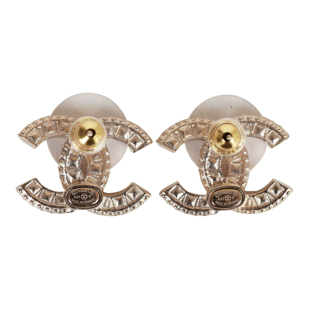 Chanel Crystal Pearl CC Flower Pendant Earrings Gold Tone 22K