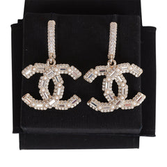 Chanel Gold Crystal CC Hoop Drop Earrings