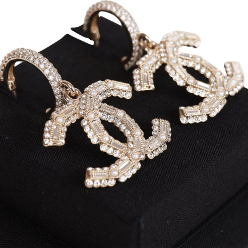 Chanel Gold Crystal CC Hoop Drop Earrings