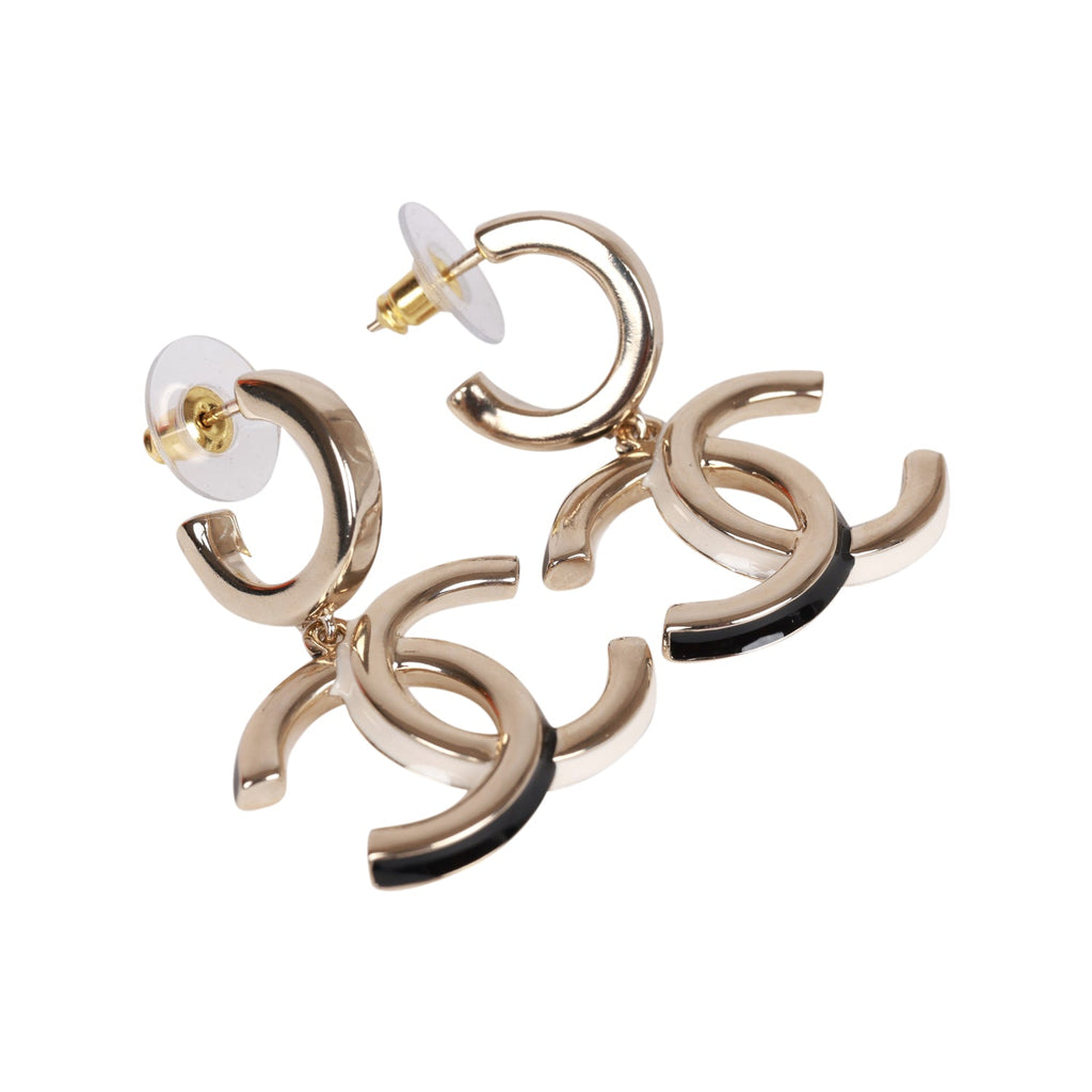 Chanel Gold, Black and White CC Hoop Earrings