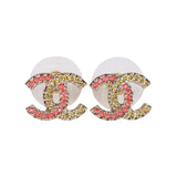 Chanel Pink and Gold Crystal CC Earrings