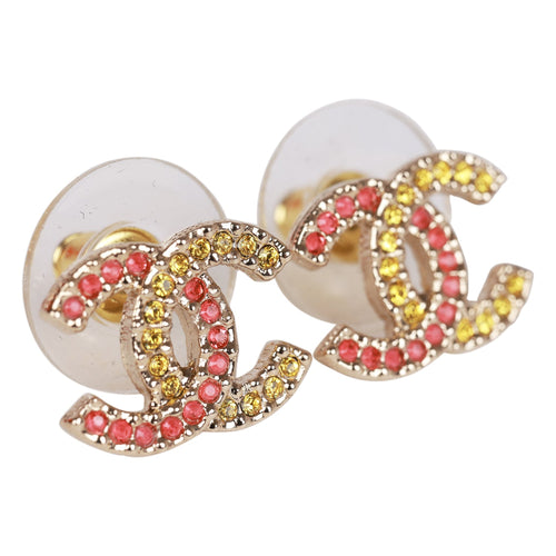 Chanel Colorful Rhinestone CC Earrings Multi in Metal with Gold