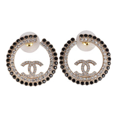 Chanel Gold, Black and Crystal CC Hoop Earrings