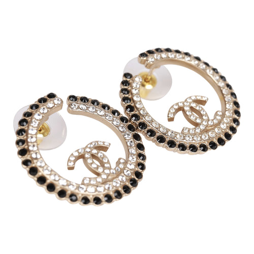 Chanel Gold, Black and Crystal CC Hoop Earrings