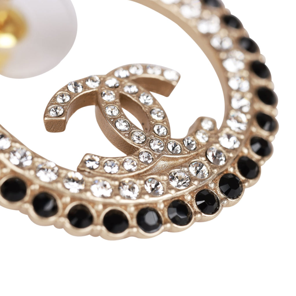 Chanel Gold, Black and Crystal CC Hoop Earrings