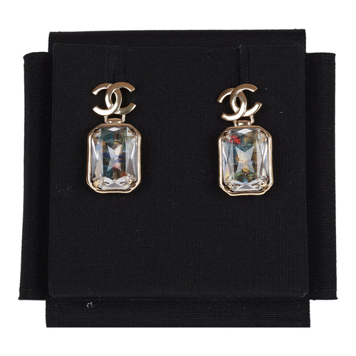 Chanel Gold Crystal CC Pendant Earrings