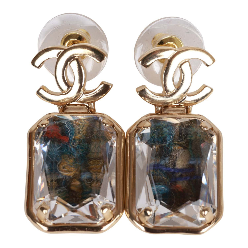 Chanel Gold Crystal CC Pendant Earrings