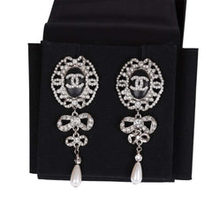 Chanel Silver Crystal and Pearl Pendant Drop Earrings