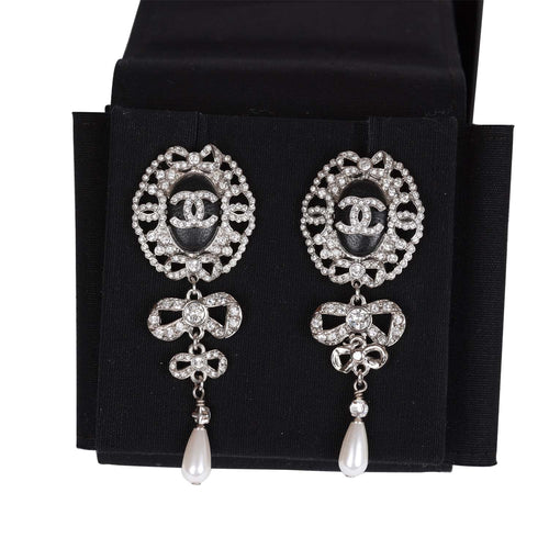 Chanel Silver Crystal and Pearl Pendant Drop Earrings