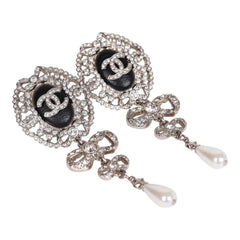 Chanel Silver Crystal and Pearl Pendant Drop Earrings