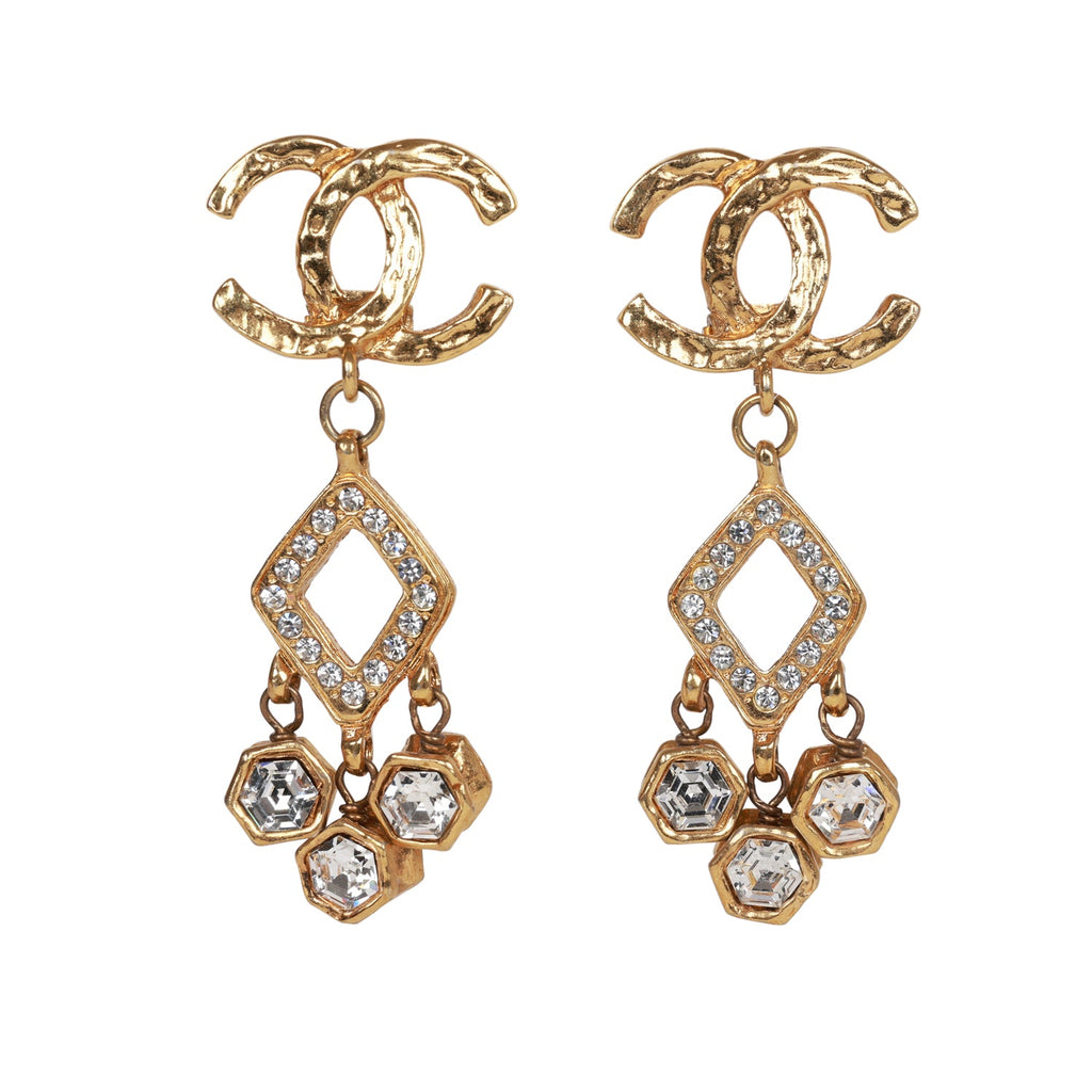 Vintage Chanel Gold Plated Textured Rhinestone Dangle Clip On Earrings –  Madison Avenue Couture
