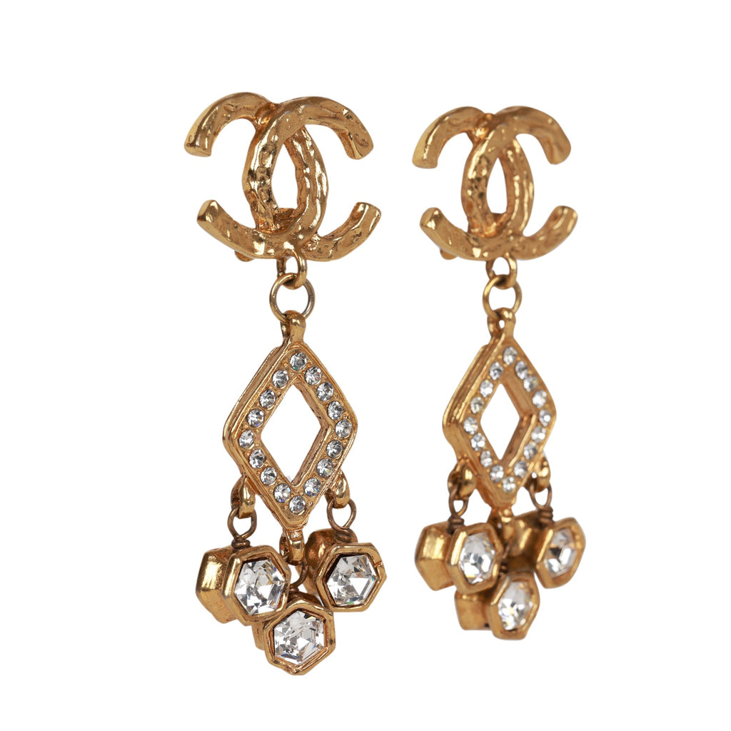 Vintage Chanel Gold Plated Textured Rhinestone Dangle Clip On Earrings –  Madison Avenue Couture