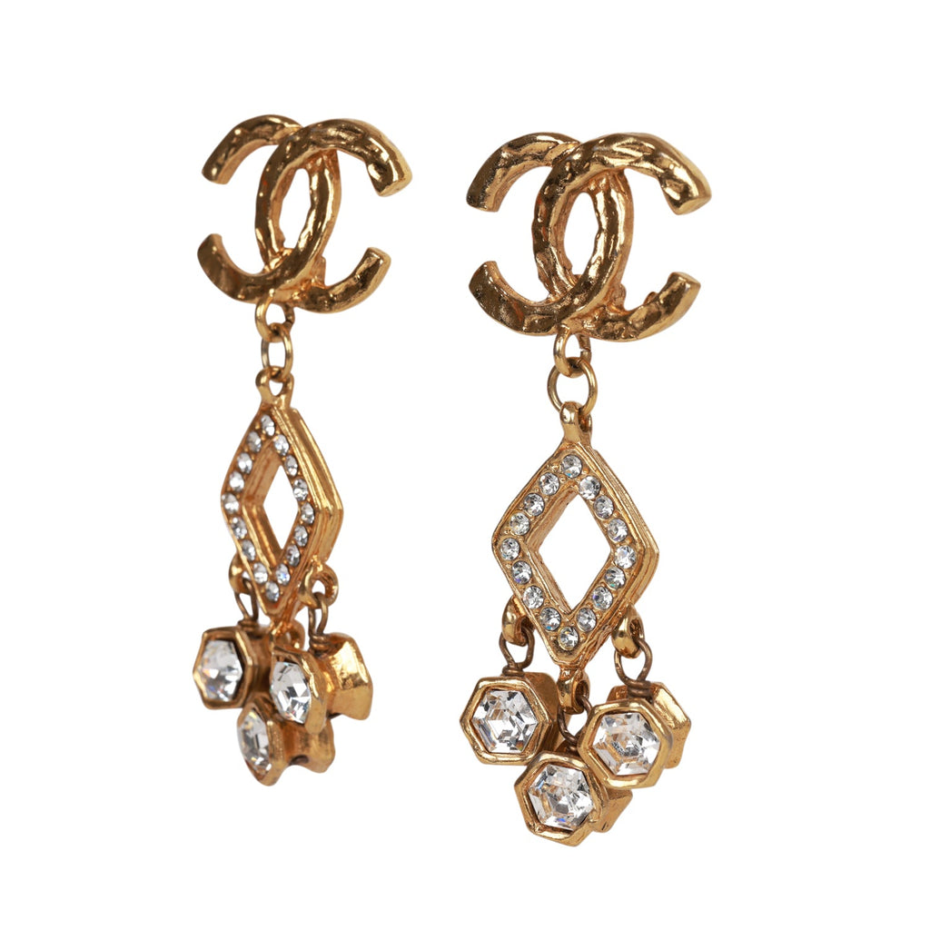 Vintage Chanel Gold Plated Textured Rhinestone Dangle Clip On Earrings