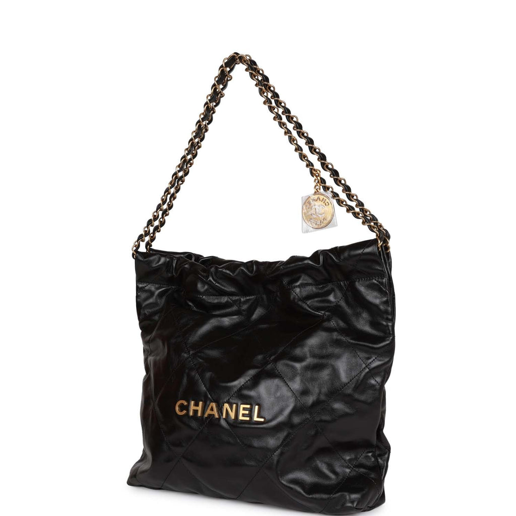 Large hobo bag, Shiny crumpled lambskin & gold-tone metal, black