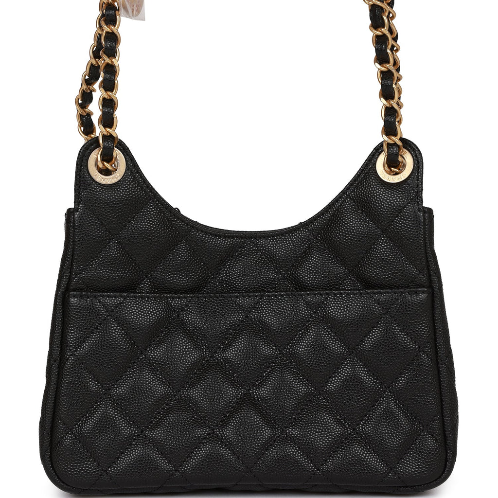 CHANEL Shiny Crumpled Calfskin Quilted Small Wavy CC Hobo Black 1307507