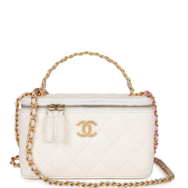 Chanel Small Vanity Case White Lambskin Leather Antique Gold