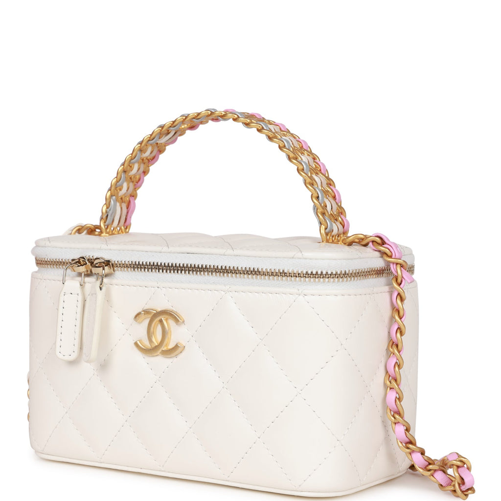 Chanel Small Vanity Case White Lambskin Leather Antique Gold Hardware