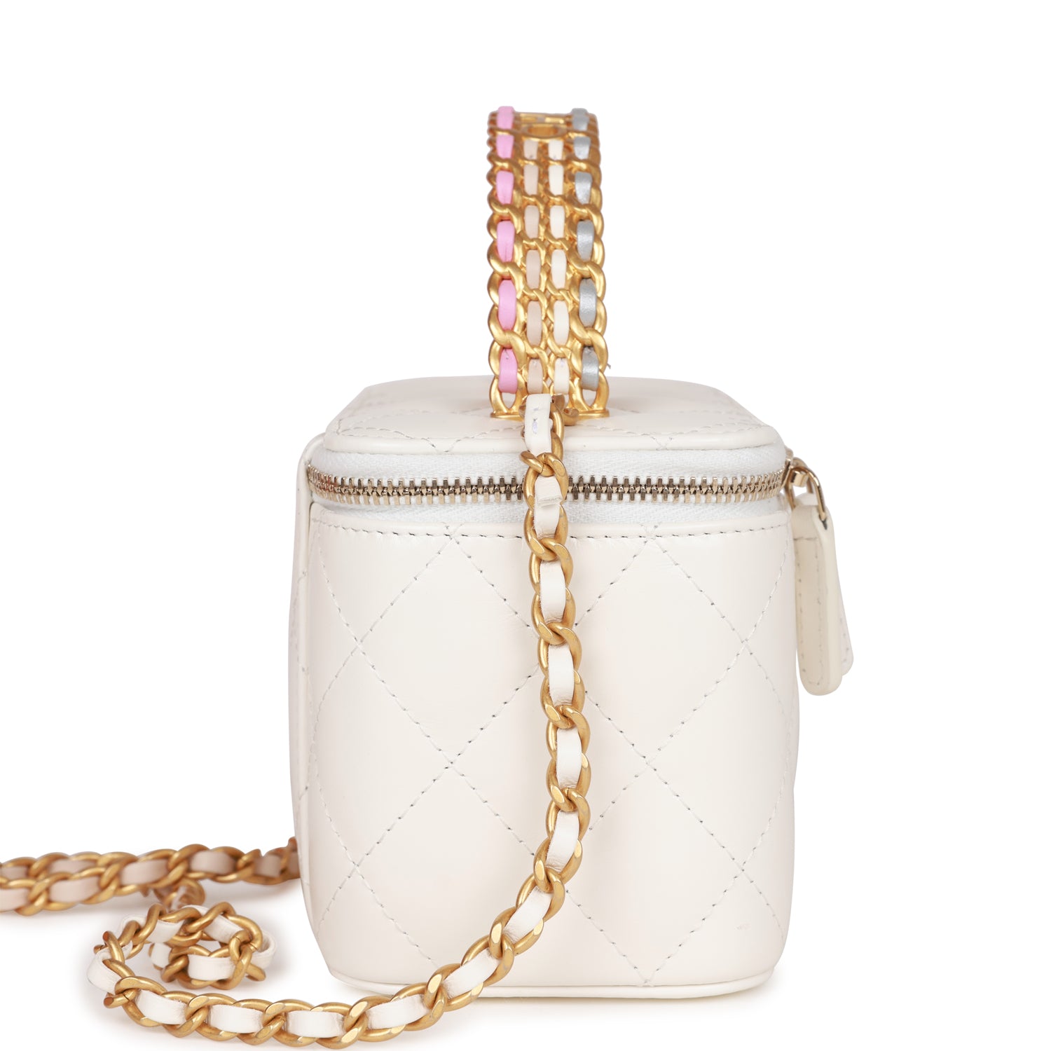 Chanel Small Vanity Case White Lambskin Leather Antique Gold Hardware