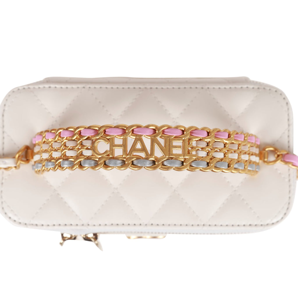 Chanel Small Vanity Case White Lambskin Leather Antique Gold