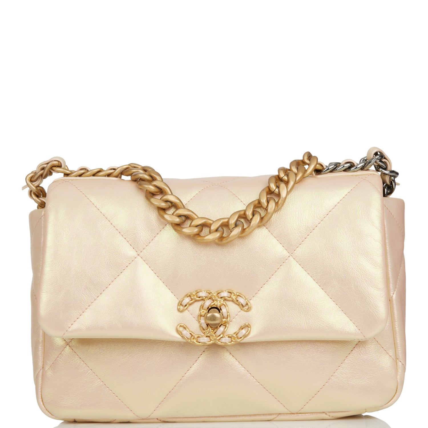 Iridescent Calfskin Quilted Medium Chanel 19 Flap Pink