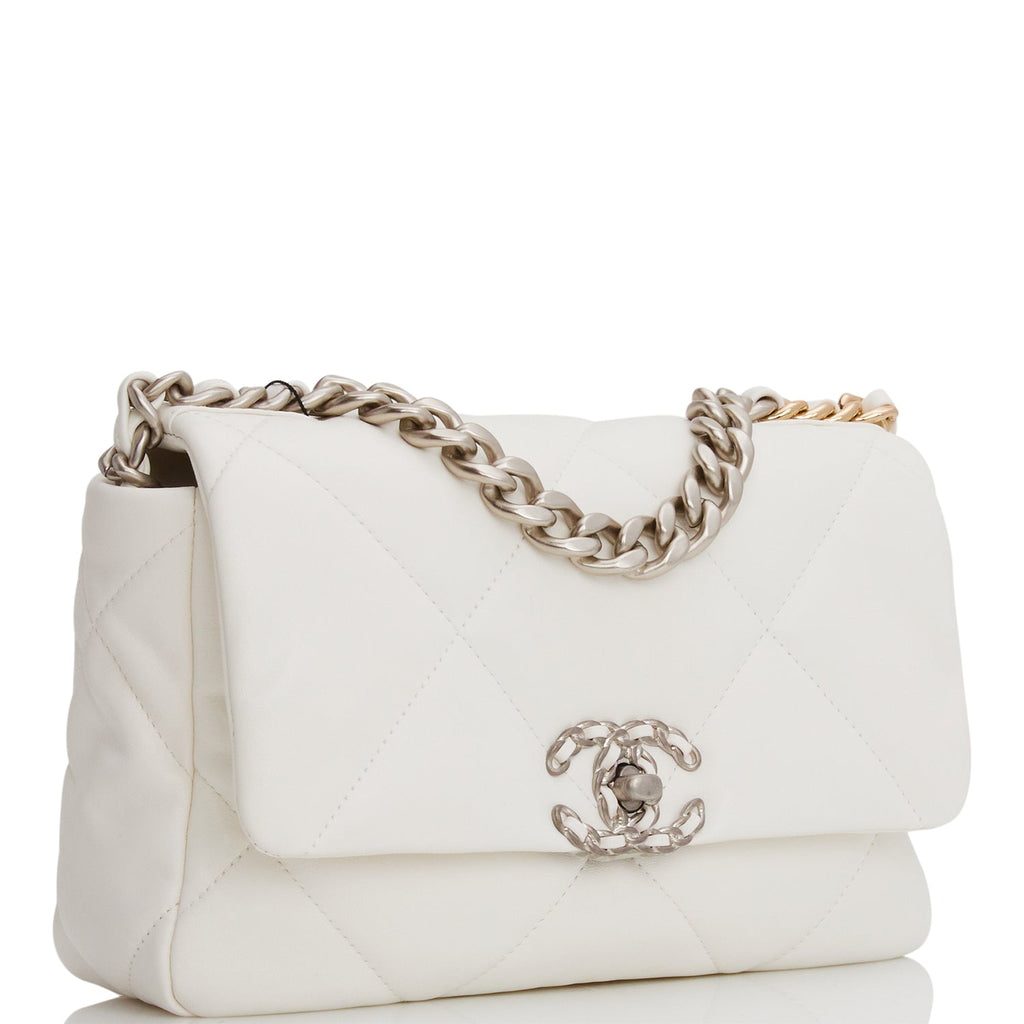 Chanel White Goatskin Medium 19 Flap Gold and Ruthenium Hardware, 2020 (Like New), Womens Handbag