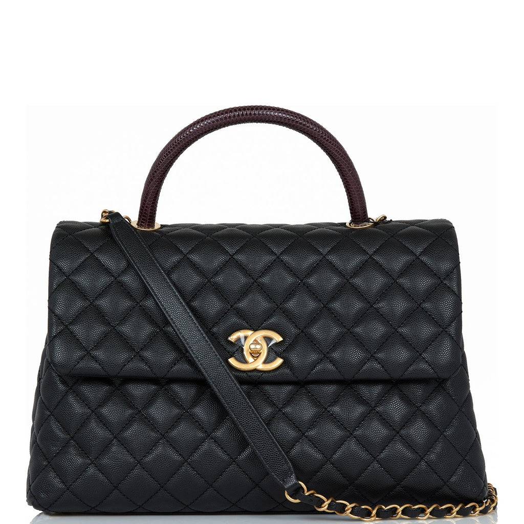Chanel Large Coco Handle Flap Bag Black Caviar Lizard Handle Antique Gold  Hardware