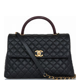 Chanel Large Coco Handle Flap Bag Black Caviar Lizard Handle Antique Gold Hardware