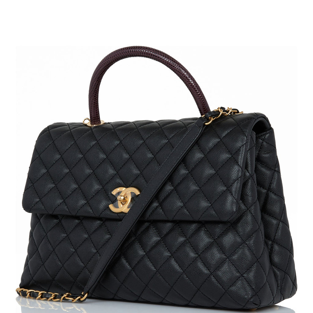 Chanel Large Coco Handle Flap Bag Black Caviar Lizard Handle Antique Gold Hardware