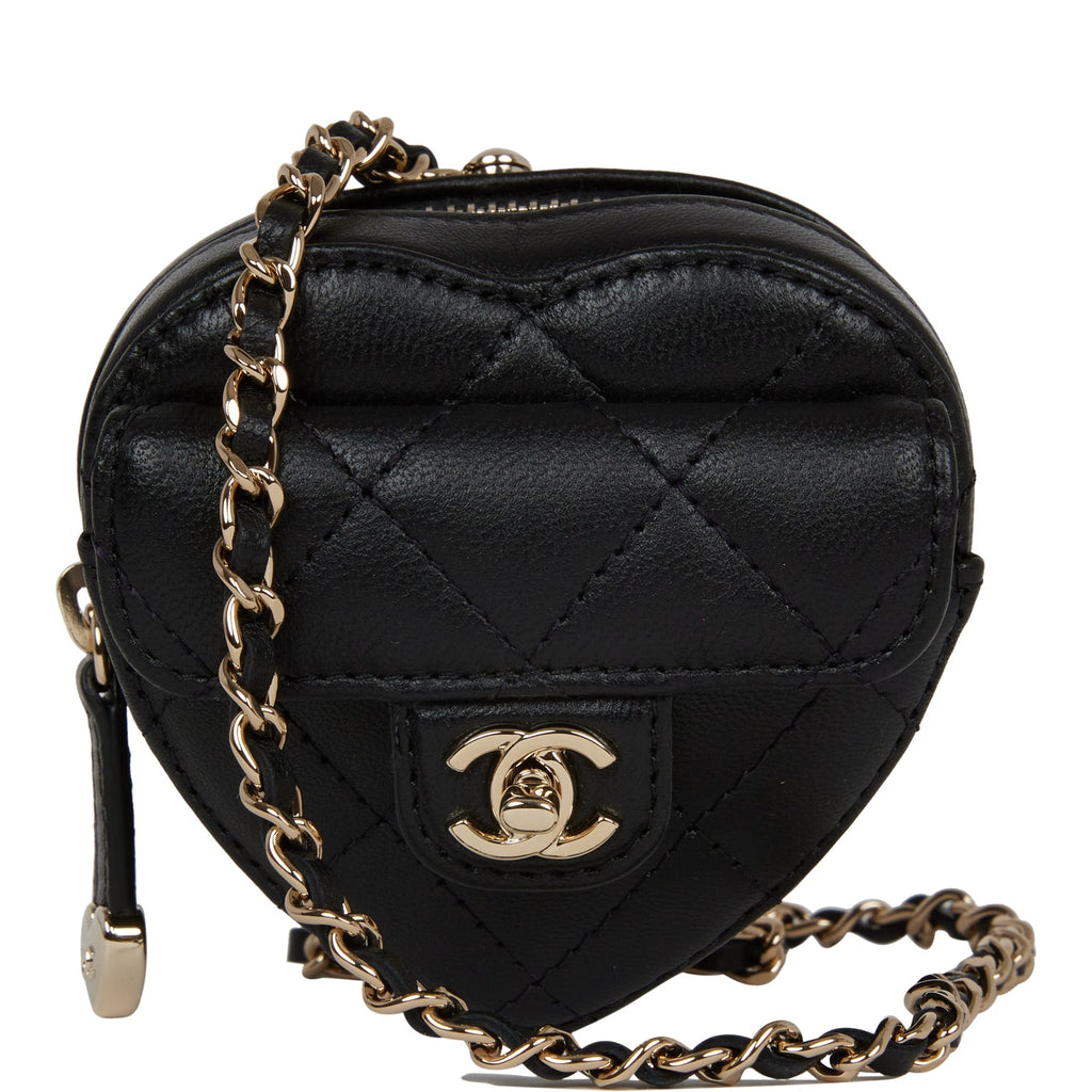 Chanel Black Quilted Lambskin Heart Zipped Coin Wrist Purse Gold Hardware, 2022 (Like New), Womens Handbag