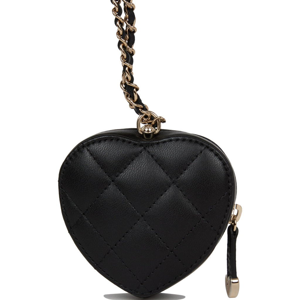Chanel Black Quilted Lambskin Heart Zipped Coin Purse Necklace Gold Hardware, 2022, Contemporary Jewelry