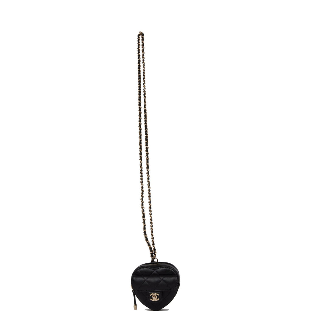 Chanel CC In Love Heart Necklace Bag Black Lambskin Light Gold Hardware