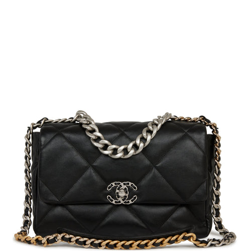 Classic handbag, Pearly lambskin & black-tone metal, black — Fashion