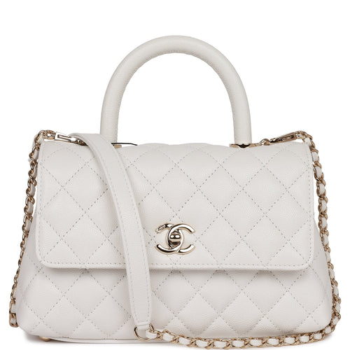 Chanel Small Coco Handle Flap Bag White Caviar Light Gold Hardware