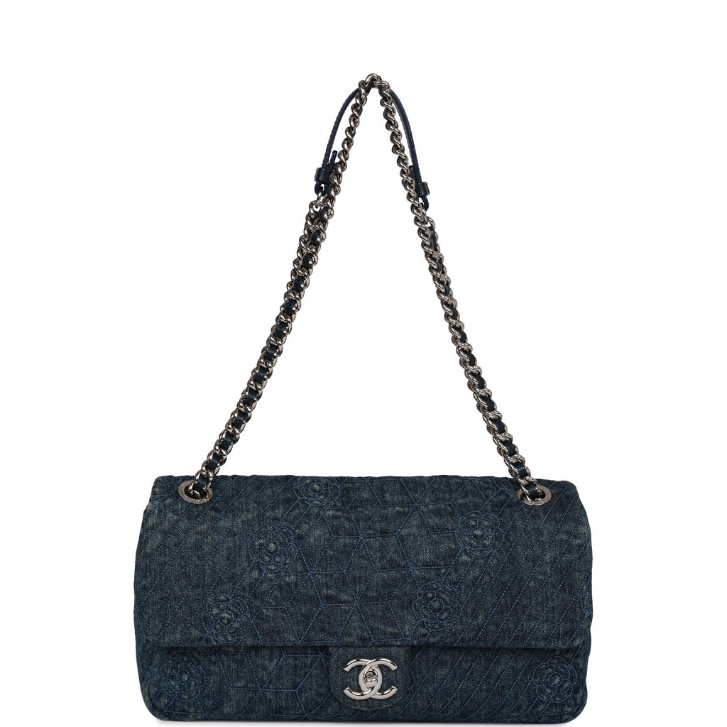 CHANEL Denim Quilted Medium Camellia Sweetheart Flap Blue 1307859