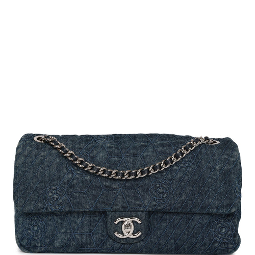 Pre-owned Chanel Camellia Flap Bag Distressed Blue Denim Silver Hardware