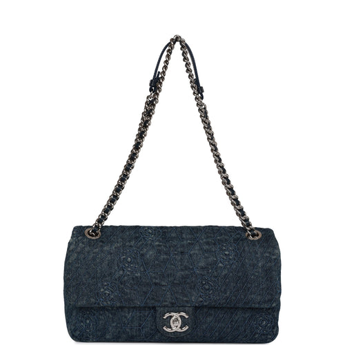 Pre-owned Chanel Camellia Flap Bag Distressed Blue Denim Silver Hardware