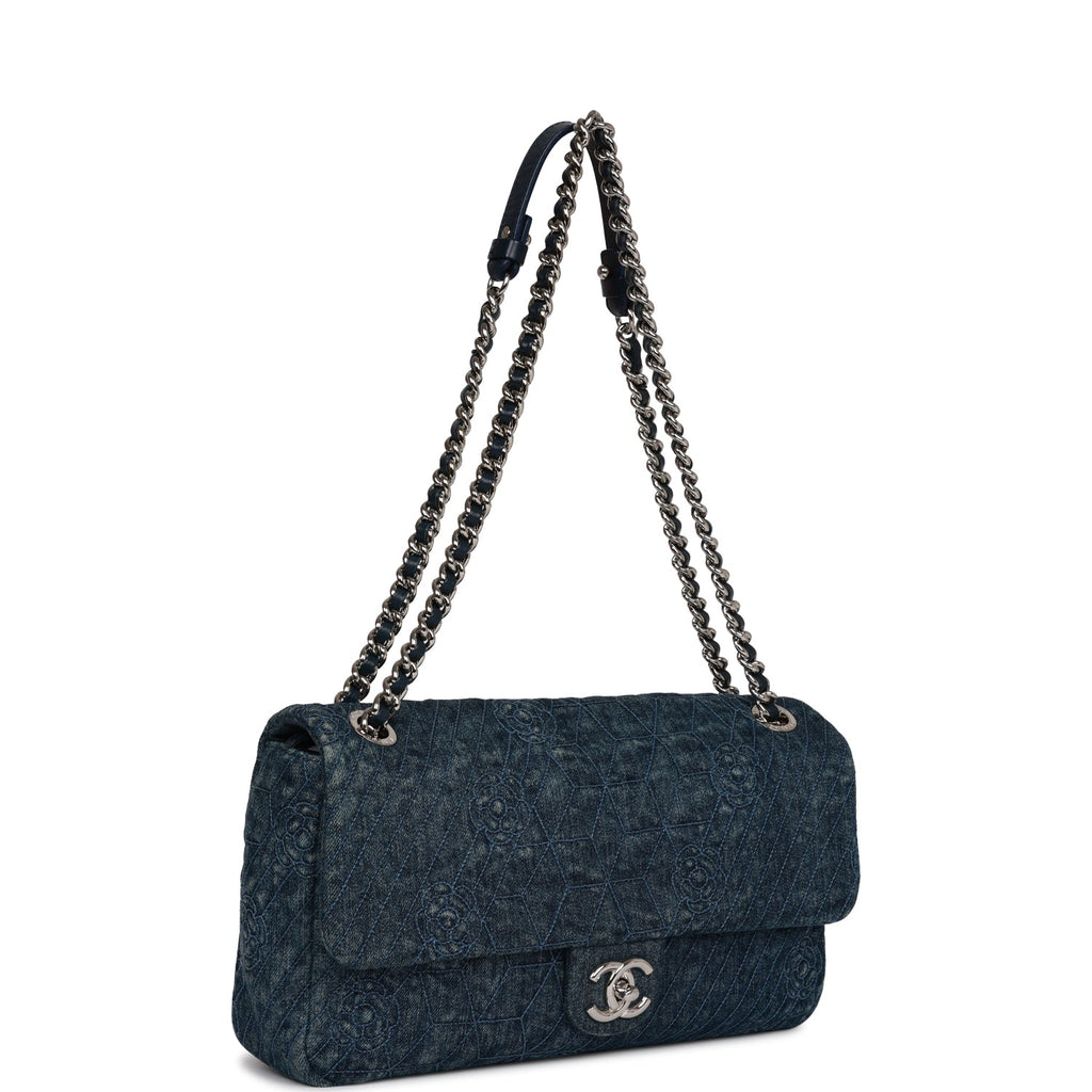 Chanel Camellia Flap Bag Distressed Blue Denim Silver Hardware