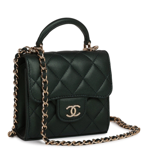 Chanel Mini Top Handle Clutch With Chain Dark Green Iridescent