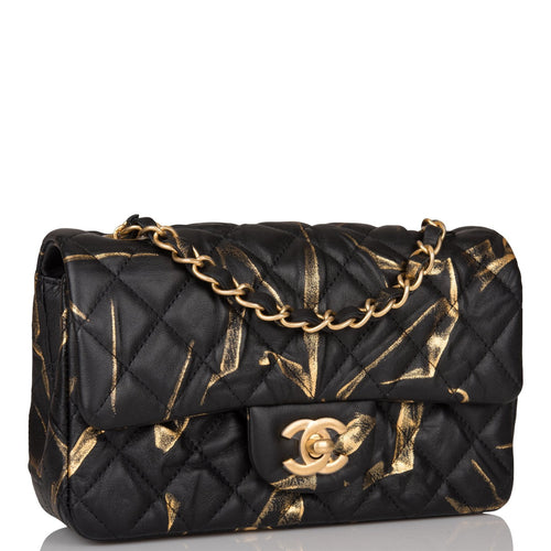 Chanel Mini Rectangular Flap Bag Black and Gold Aged Calfskin Antique Gold Hardware