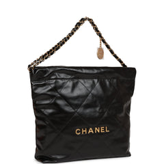 Chanel Small 22 Bag Black Lambskin Antique Gold Hardware