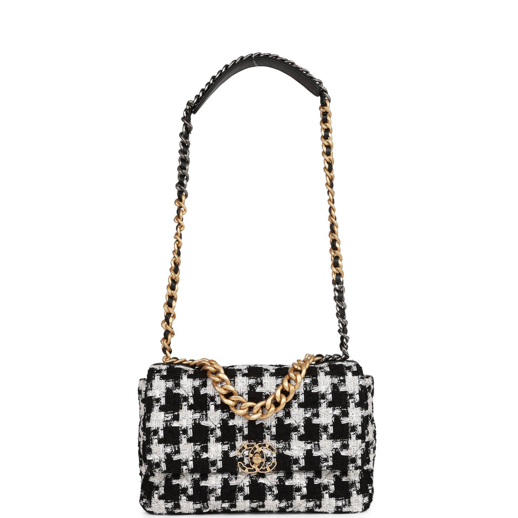 Chanel Beige, Black and Silver Houndstooth Tweed Maxi 19 Flap Brushed Gold and Ruthenium Hardware, 2019 (Very Good), Womens Handbag