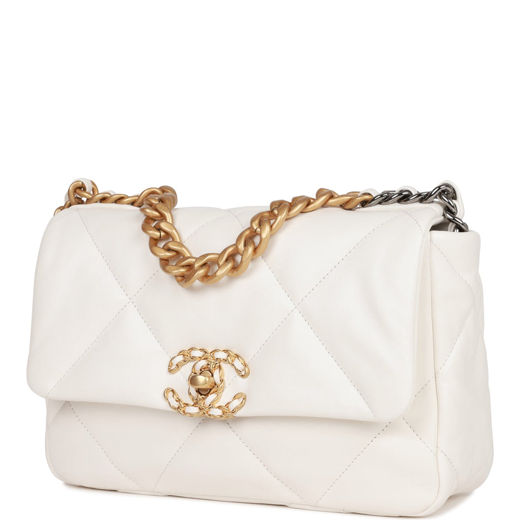 CHANEL Shiny Crumpled Calfskin Quilted Medium Chanel 19 Flap White 623765