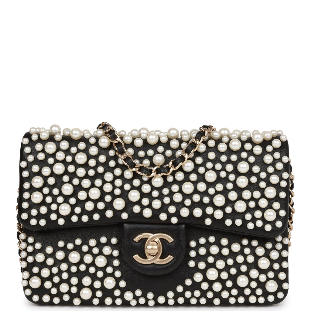 Wallet on chain - Lambskin, imitation pearls, strass & gold-tone