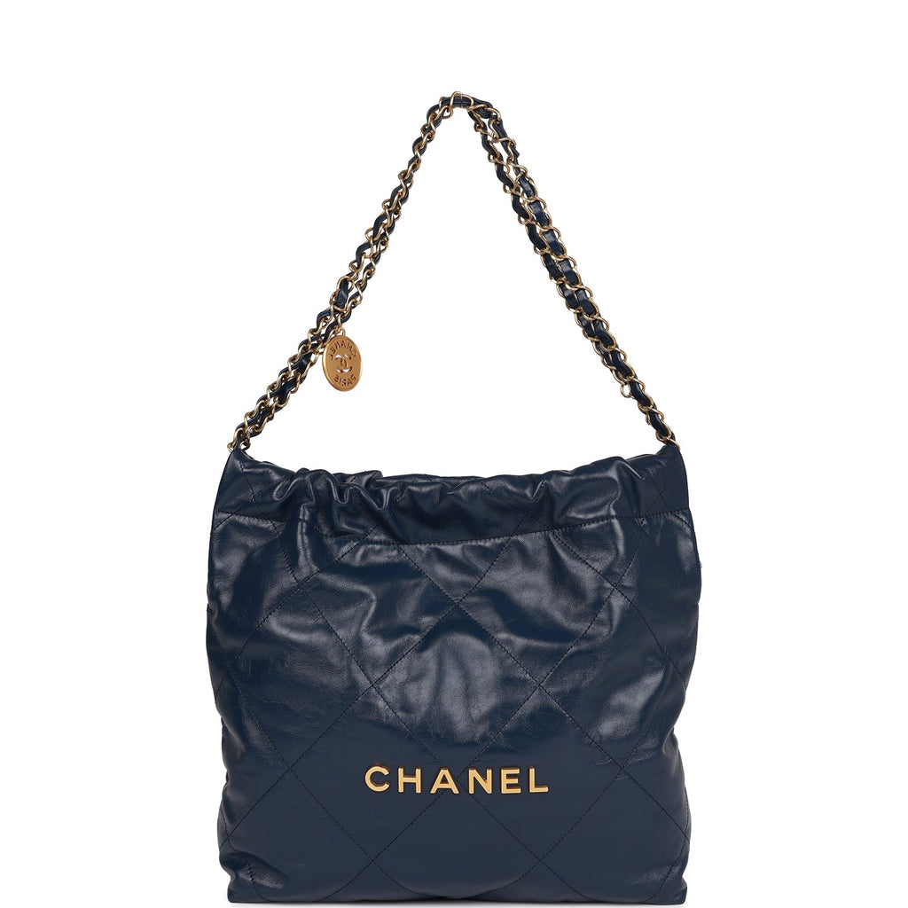 Pre-owned Chanel Large 22 Bag Navy Lambskin Antique Gold Hardware
