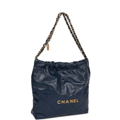 Pre-owned Chanel Large 22 Bag Navy Lambskin Antique Gold Hardware