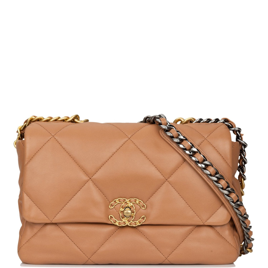 CHANEL Brown Quilted Leather Flap Large 19 Bag Lambskin Gold